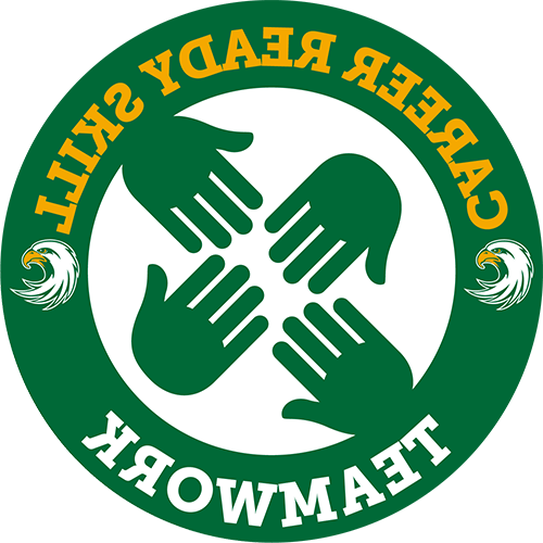 Career Services icon with words 'Career Ready Skill - Teamwork' circling 4 hands